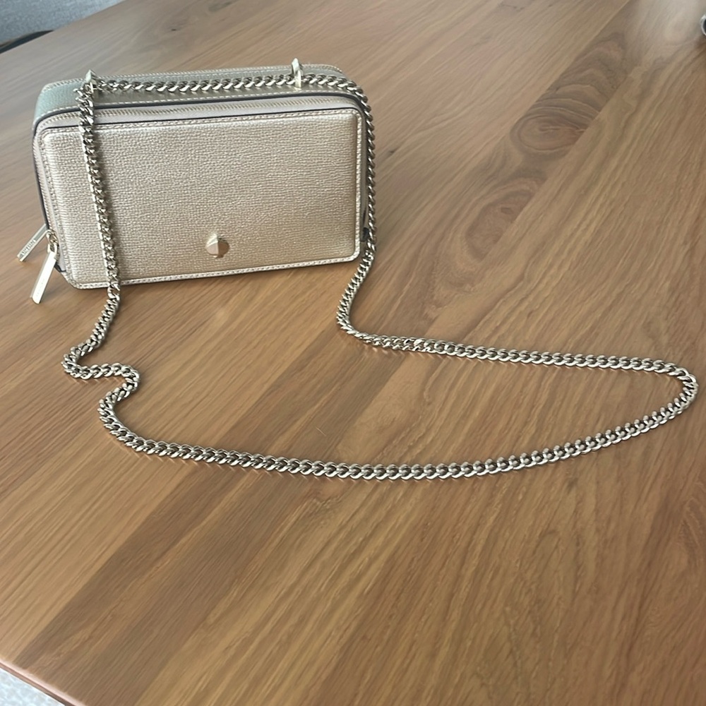 Kate Spade cross body purse, gold, structured with two zip pockets